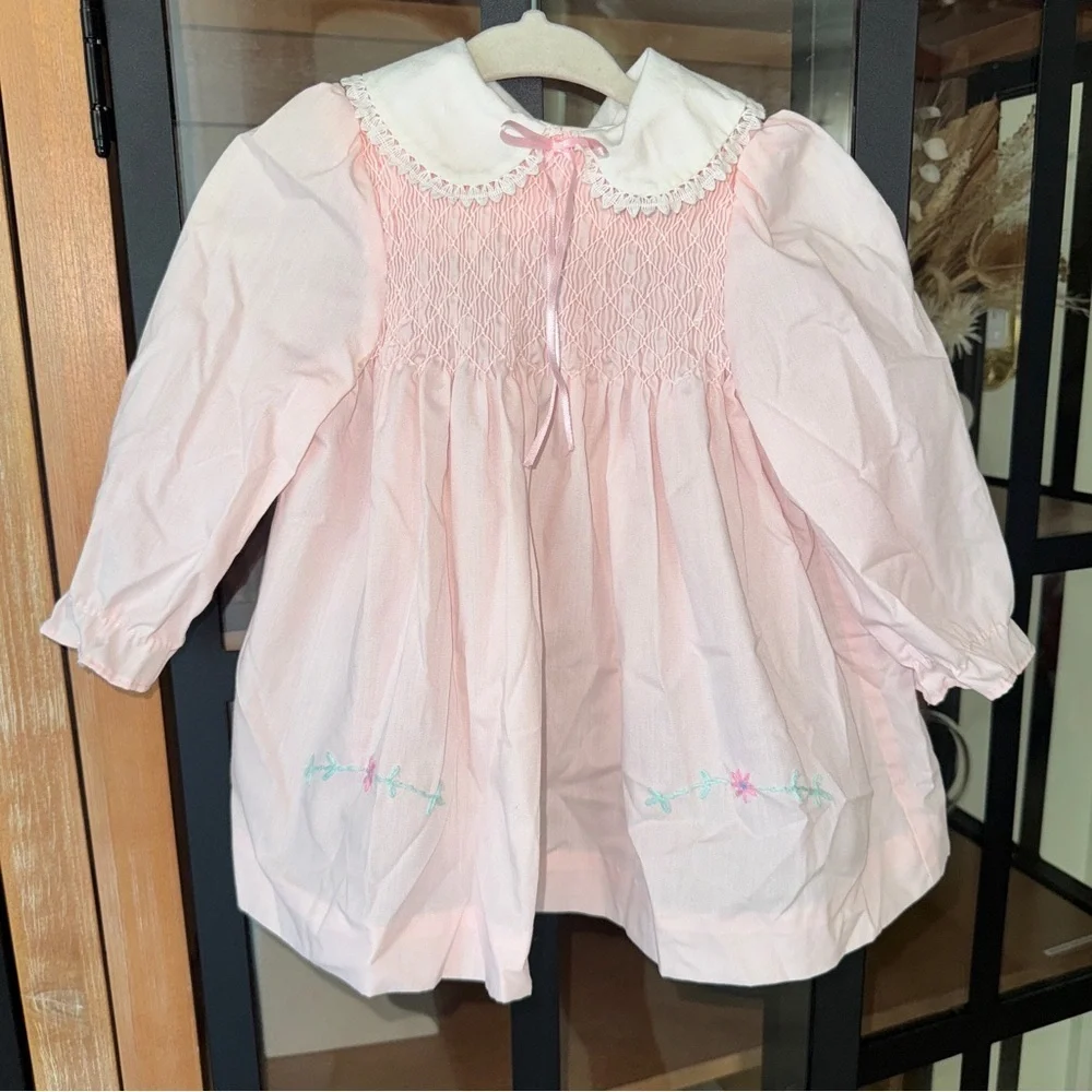 Vintage smocked dress embroidered heirloom Polly Flinders baby girl long sleeve